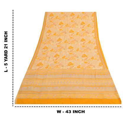 Sanskriti Vintage Sarees Yellow/Cream Pure Crepe Printed Sari 5yd Craft Fabric