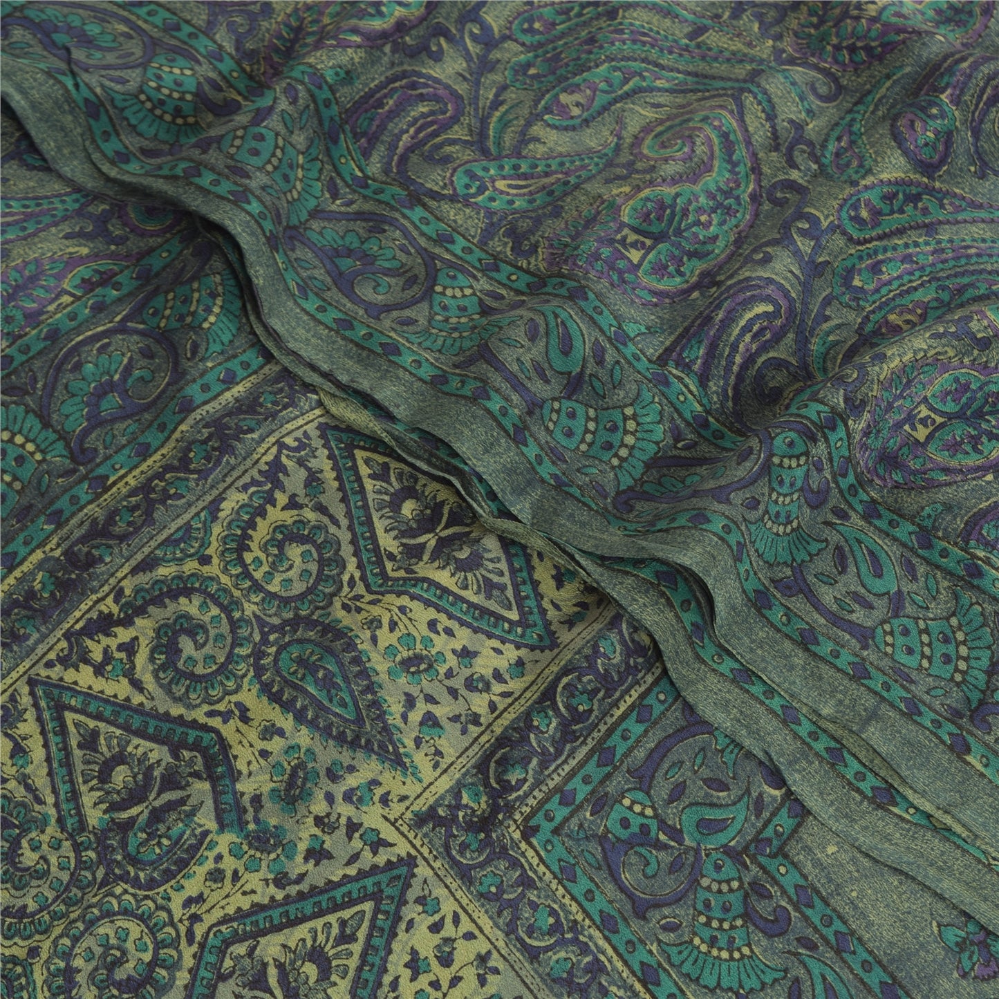 Sanskriti Vintage Sarees Green/Blue Pure Crepe Silk Print Sari 5yd Craft Fabric