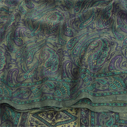 Sanskriti Vintage Sarees Green/Blue Pure Crepe Silk Print Sari 5yd Craft Fabric