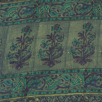 Sanskriti Vintage Sarees Green/Blue Pure Crepe Silk Print Sari 5yd Craft Fabric