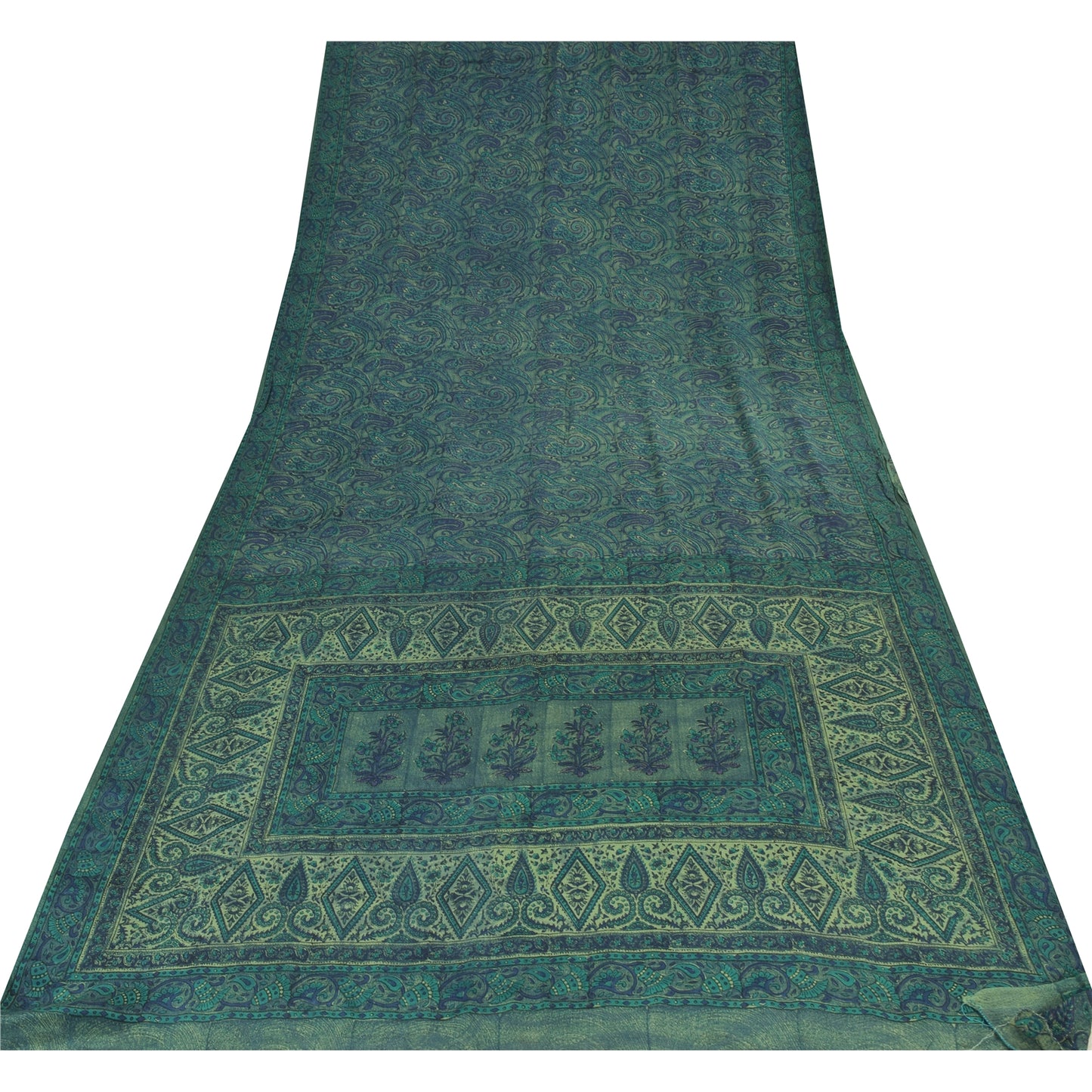 Sanskriti Vintage Sarees Green/Blue Pure Crepe Silk Print Sari 5yd Craft Fabric