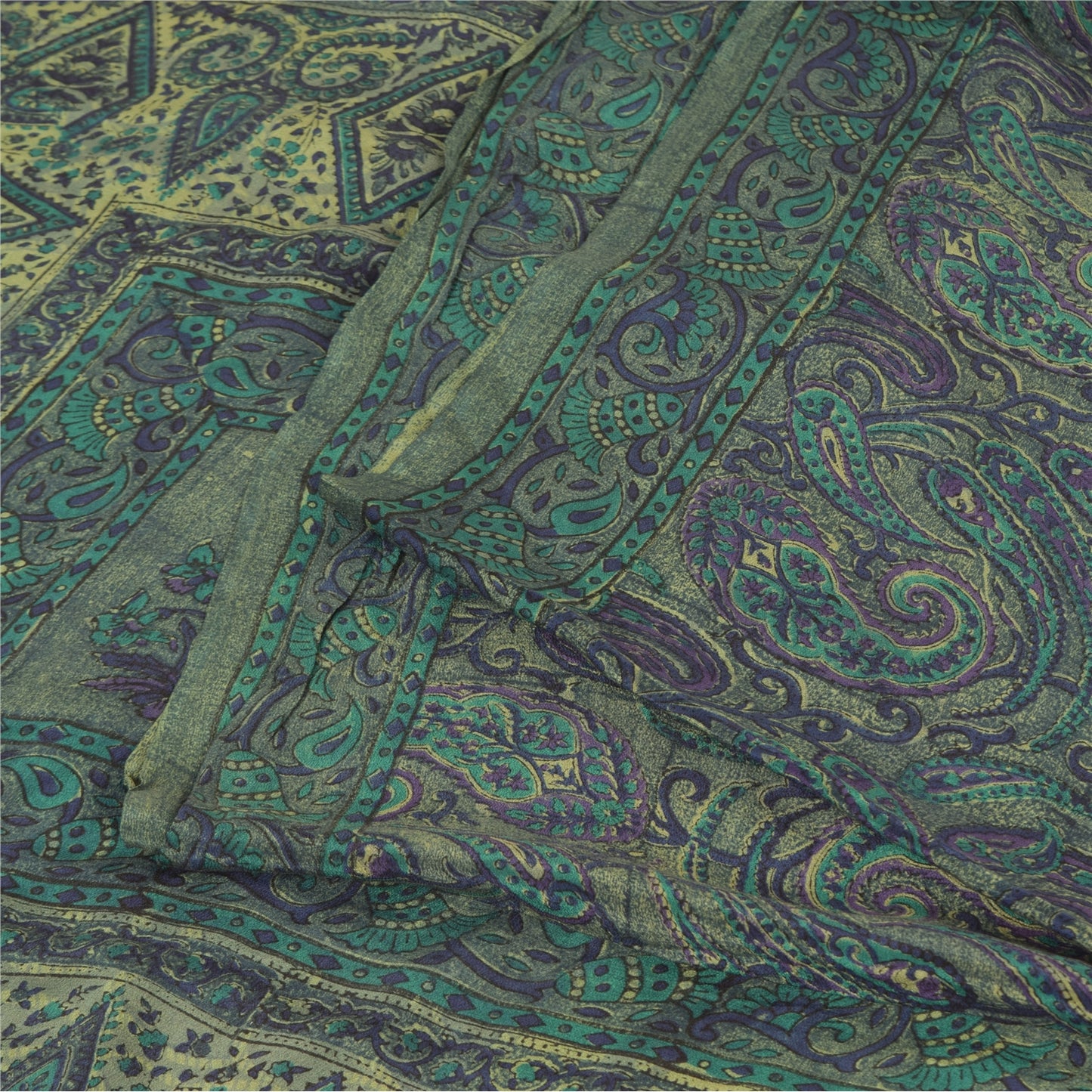 Sanskriti Vintage Sarees Green/Blue Pure Crepe Silk Print Sari 5yd Craft Fabric