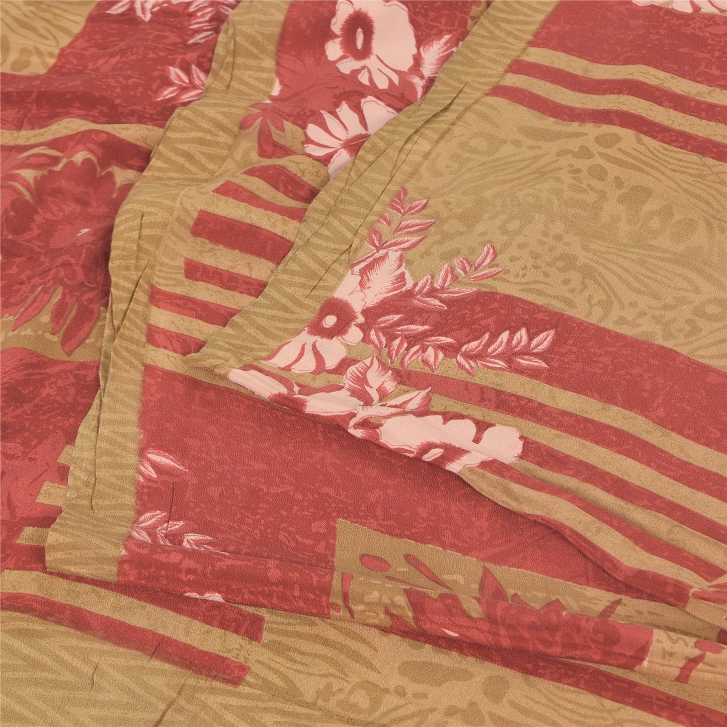 Sanskriti Vintage Sarees Red/Cream Pure Crepe Silk Printed Sari 5yd Craft Fabric