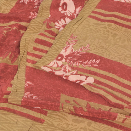 Sanskriti Vintage Sarees Red/Cream Pure Crepe Silk Printed Sari 5yd Craft Fabric