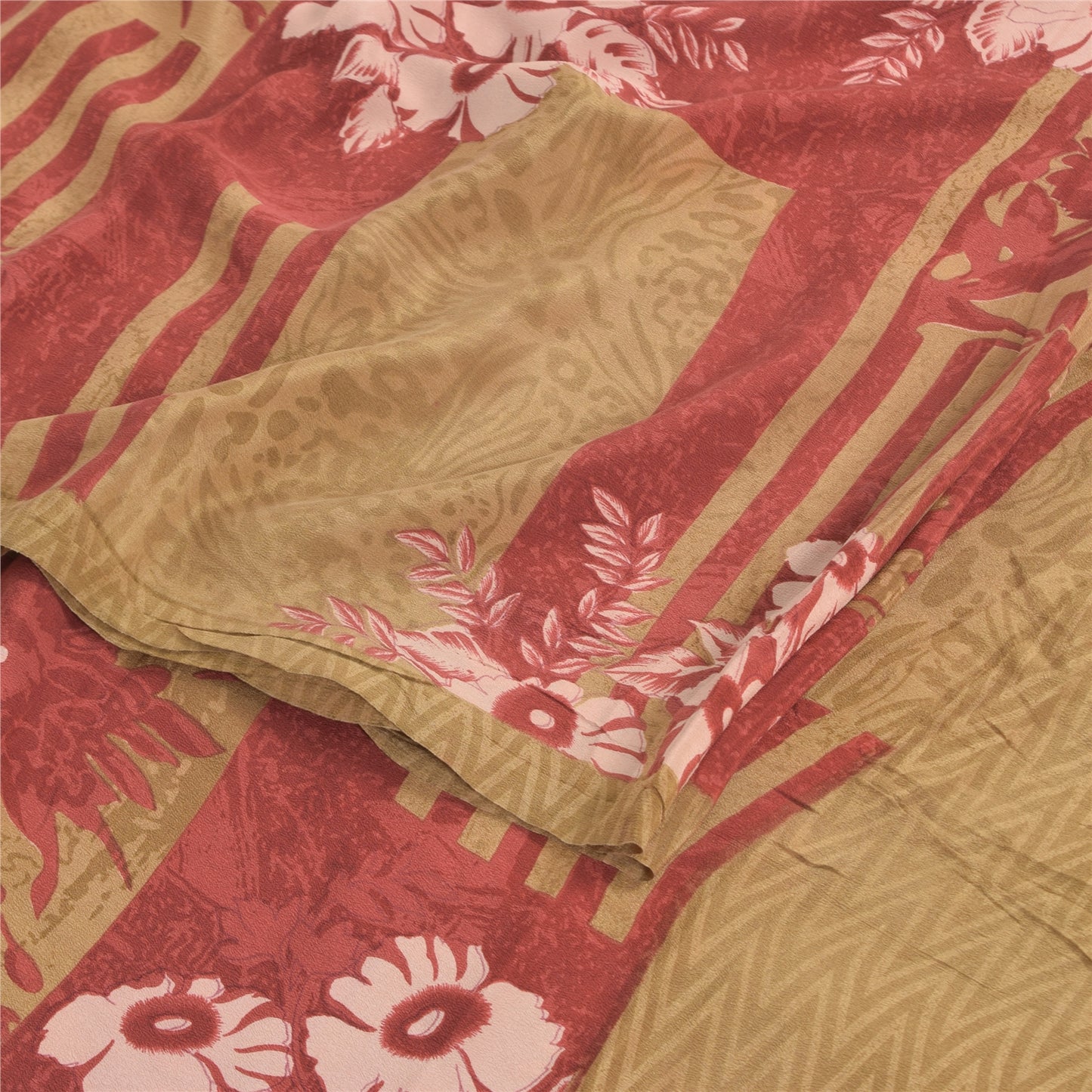 Sanskriti Vintage Sarees Red/Cream Pure Crepe Silk Printed Sari 5yd Craft Fabric