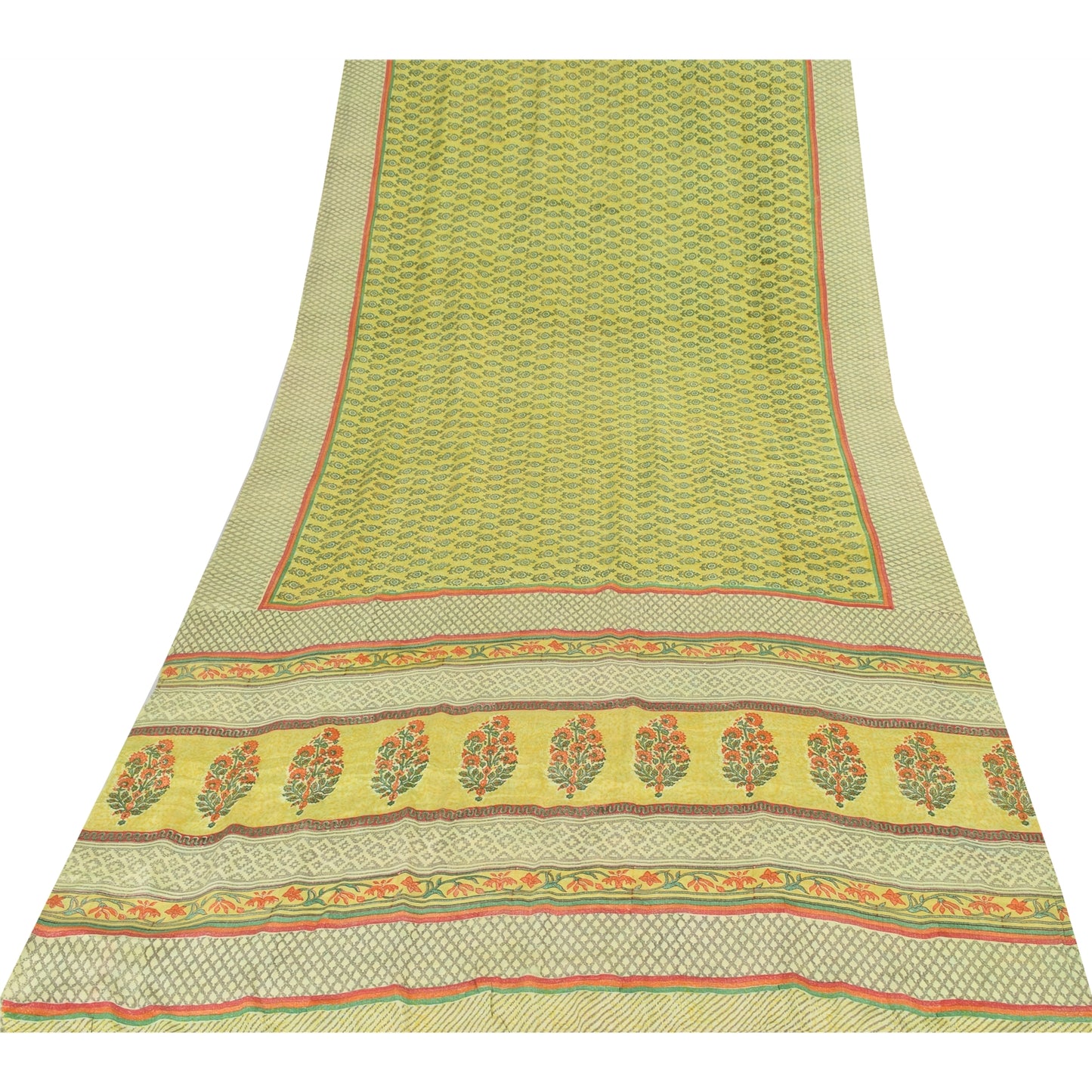 Sanskriti Vintage Sarees Green Pure Crepe Silk Printed Sari 5yd Craft Fabric