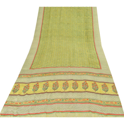 Sanskriti Vintage Sarees Green Pure Crepe Silk Printed Sari 5yd Craft Fabric