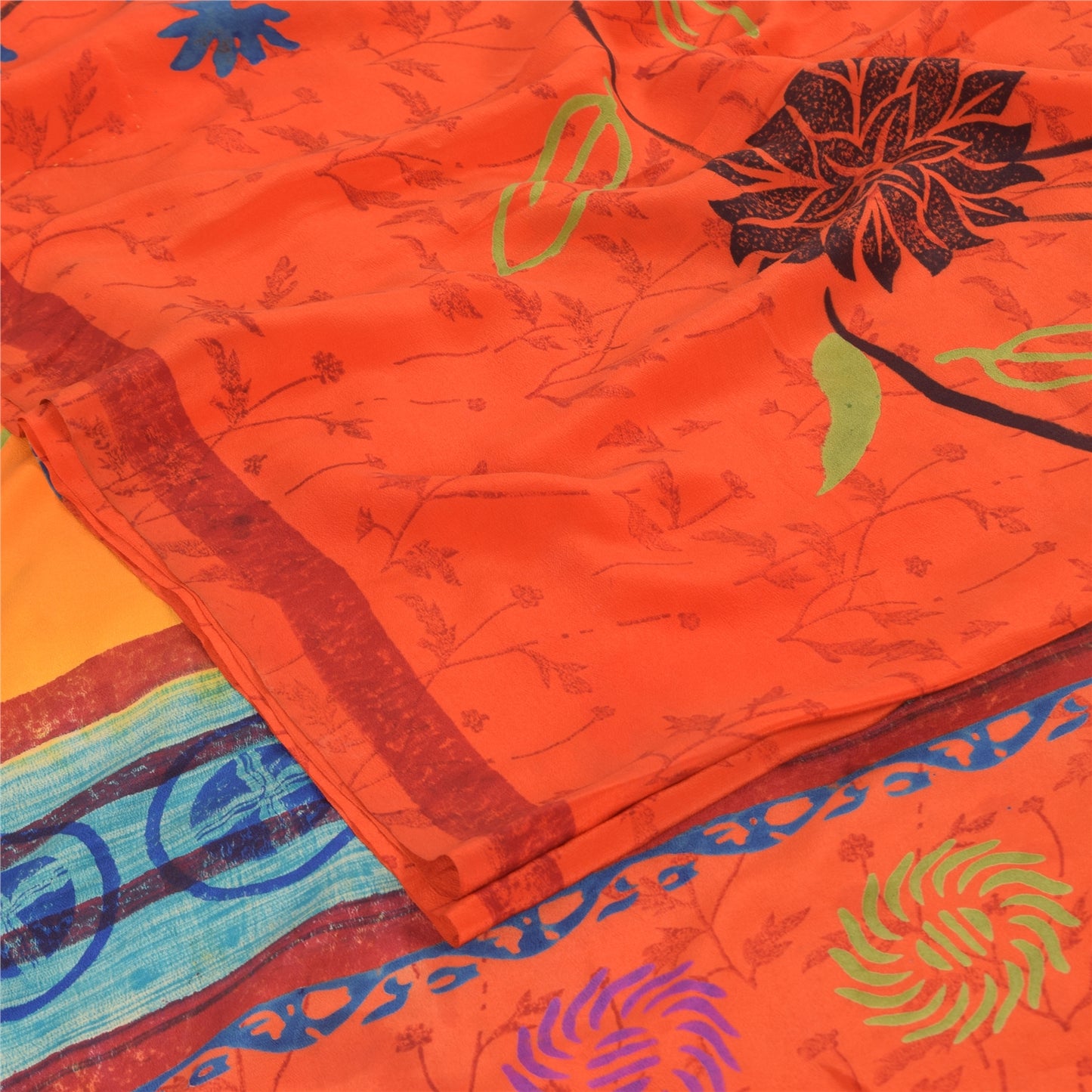 Sanskriti Vintage Sarees Orange Pure Crepe Silk Printed Sari 6yd Craft Fabric