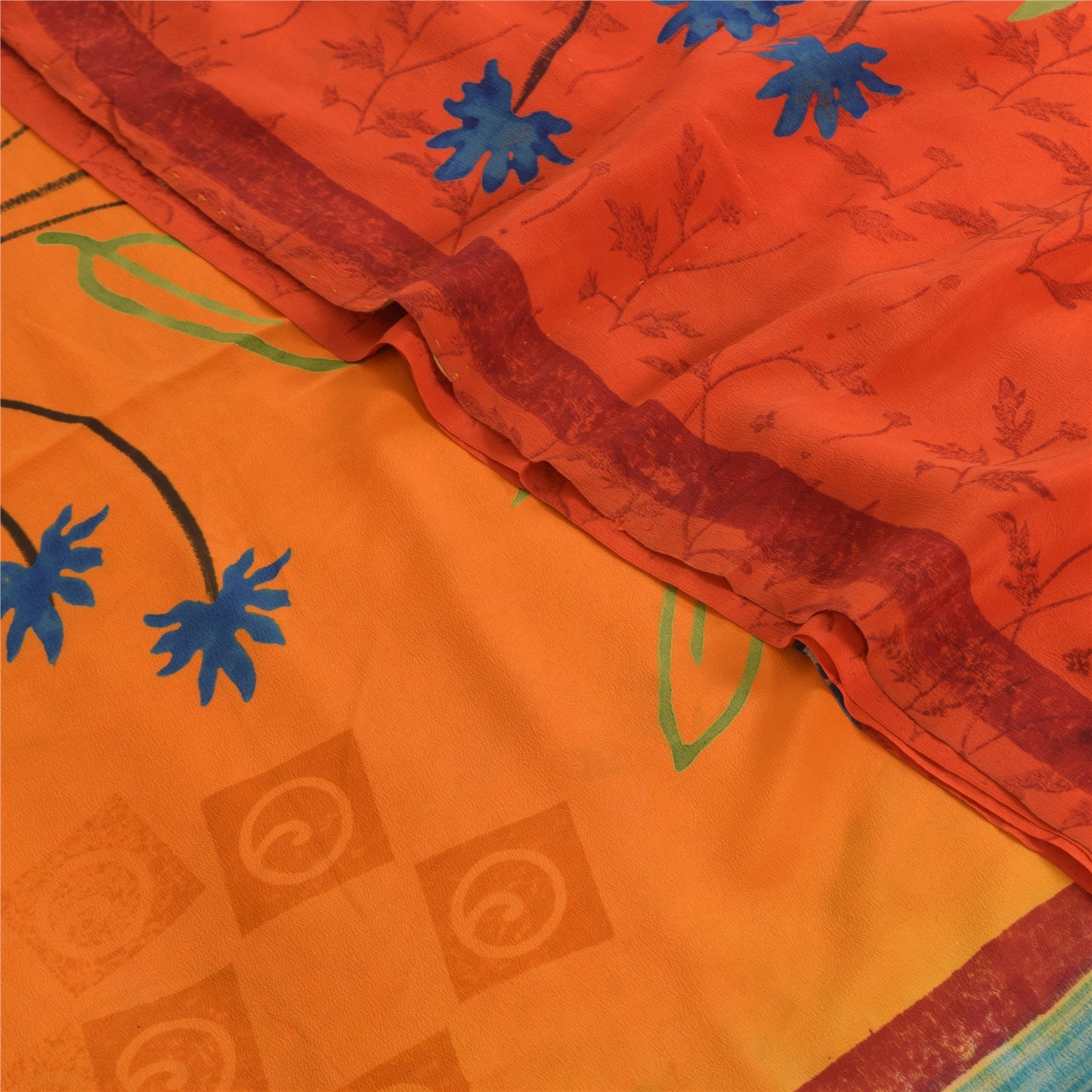 Sanskriti Vintage Sarees Orange Pure Crepe Silk Printed Sari 6yd Craft Fabric