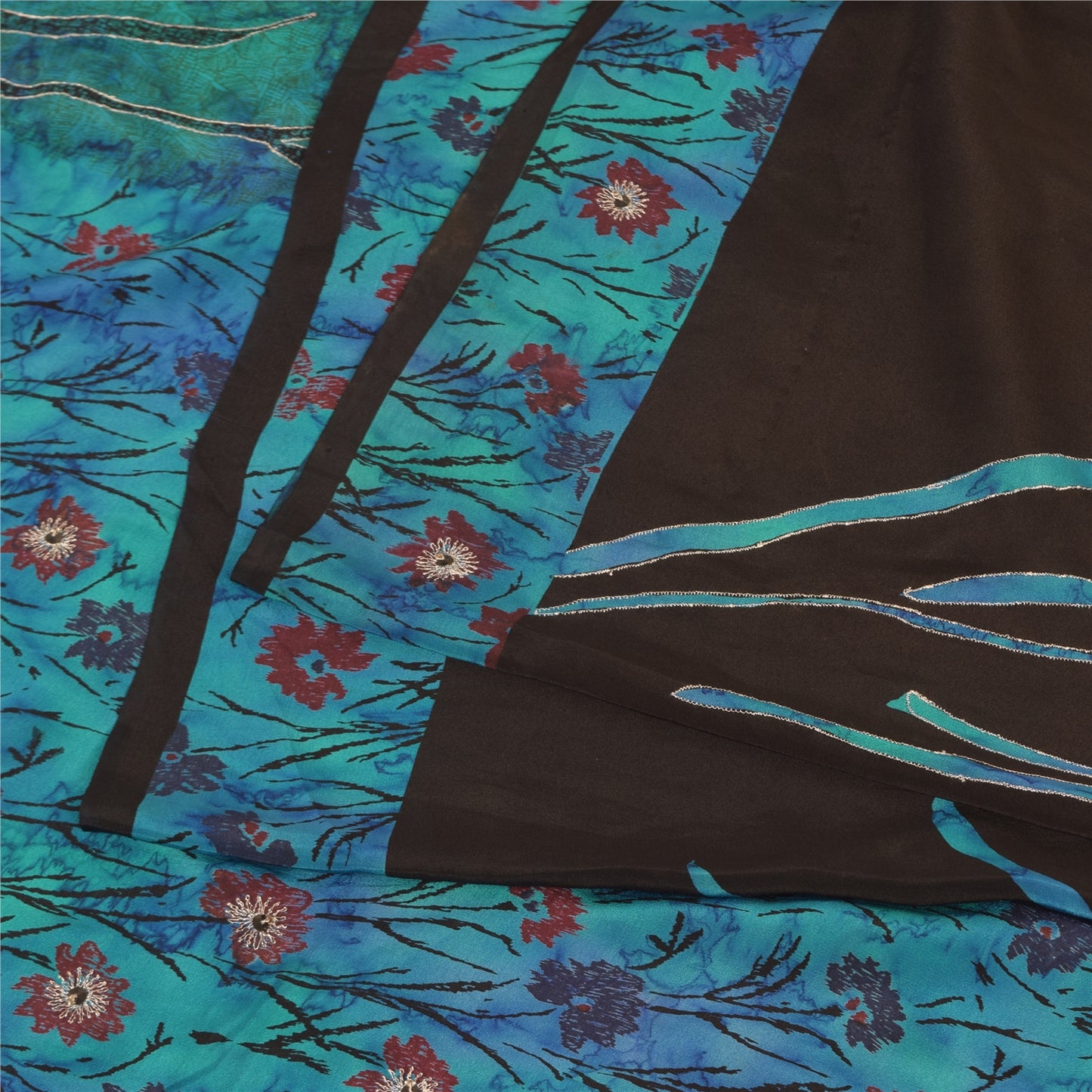 Sanskriti Vintage Sarees Brown/Blue Pure Crepe Silk Print Sari 5yd Craft Fabric