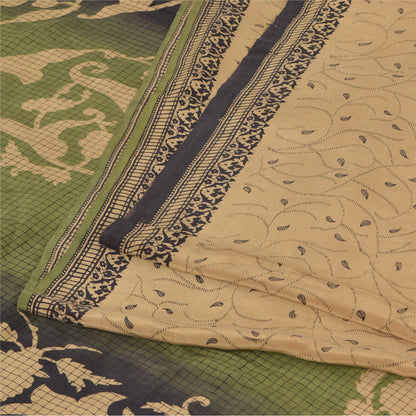 Sanskriti Vintage Sarees Light-Brown Pure Crepe Silk Print Sari 5yd Craft Fabric