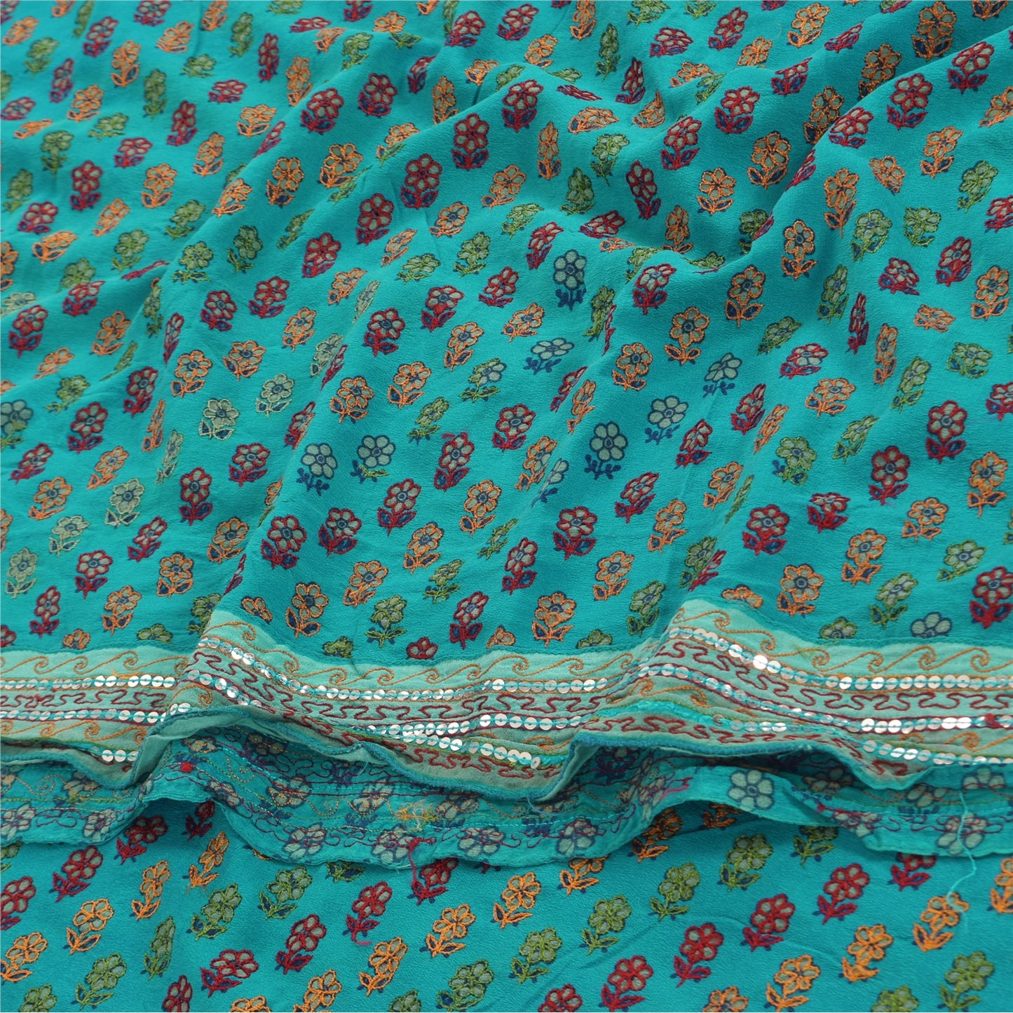 Sanskriti Vintage Sarees Green Pure Crepe Silk Embroidered Printed Sari Fabric