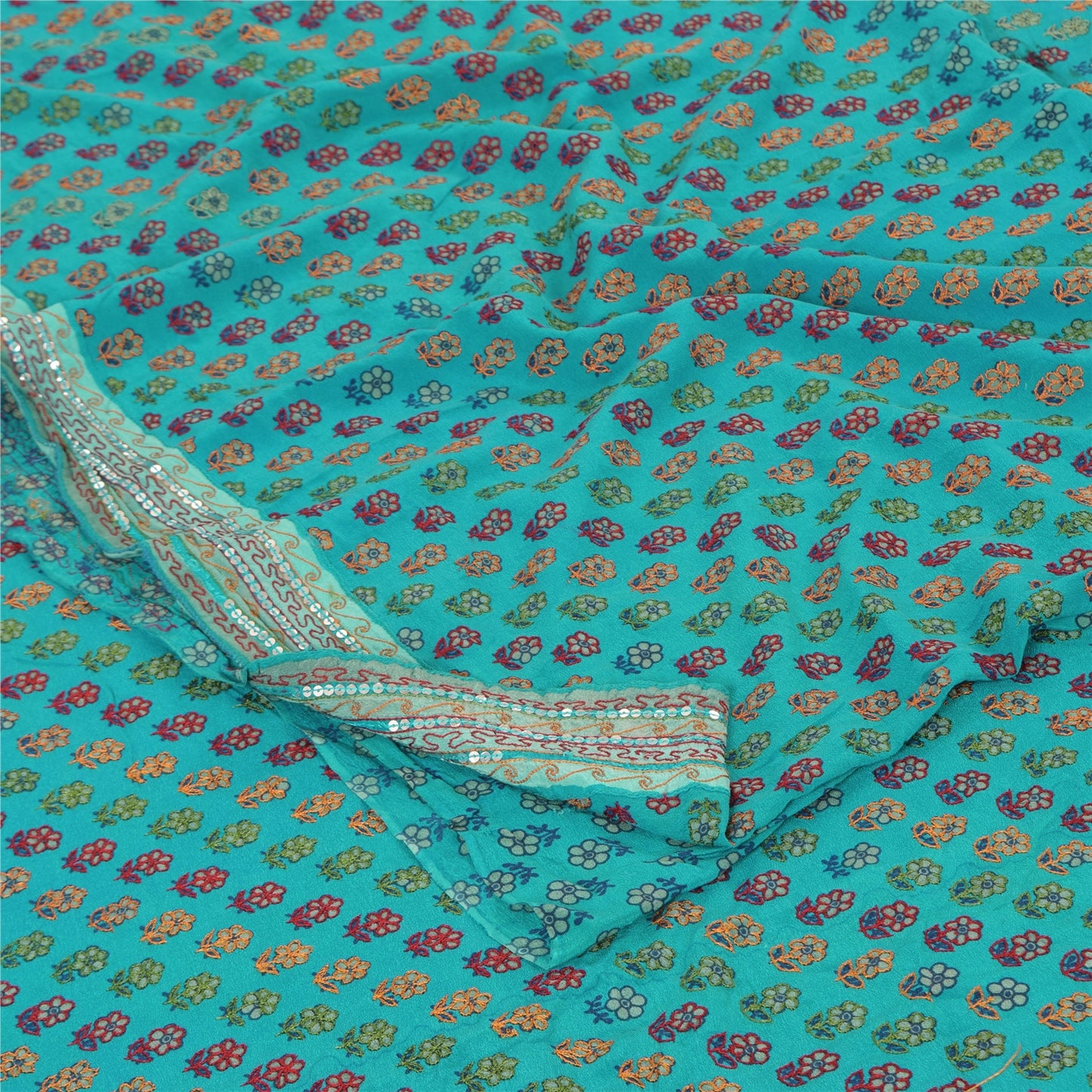 Sanskriti Vintage Sarees Green Pure Crepe Silk Embroidered Printed Sari Fabric