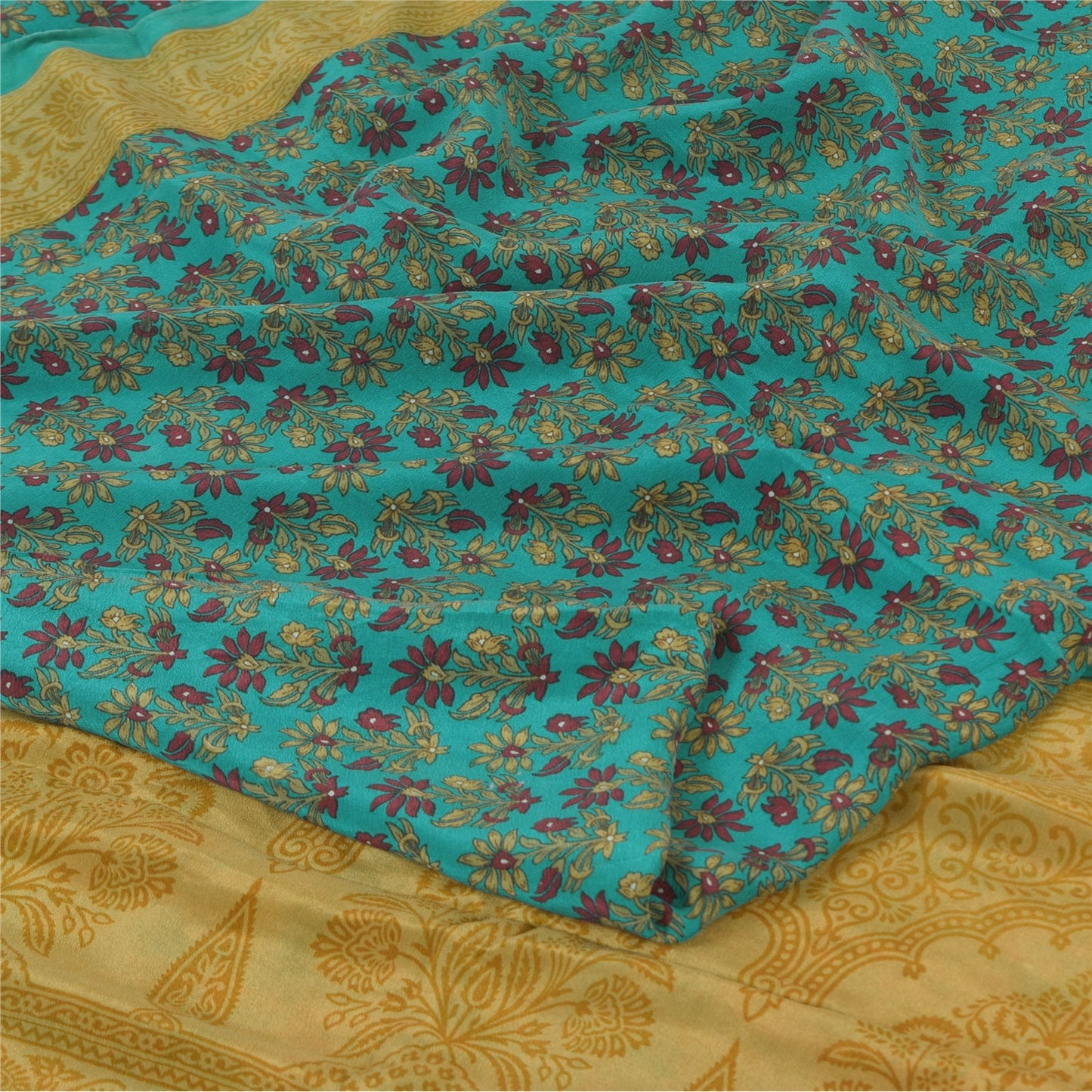 Sanskriti Vintage Sarees Blue/Green Pure Crepe Silk Print Sari 5yd Craft Fabric