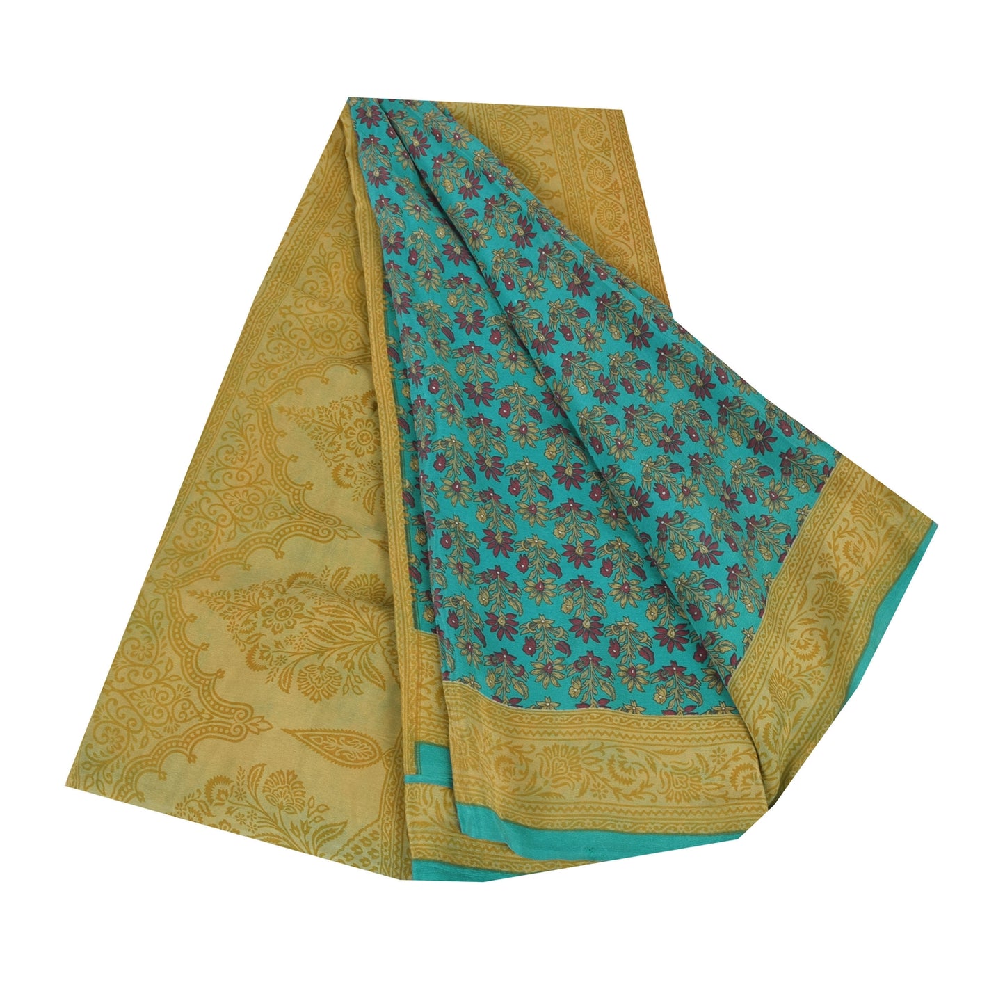 Sanskriti Vintage Sarees Blue/Green Pure Crepe Silk Print Sari 5yd Craft Fabric