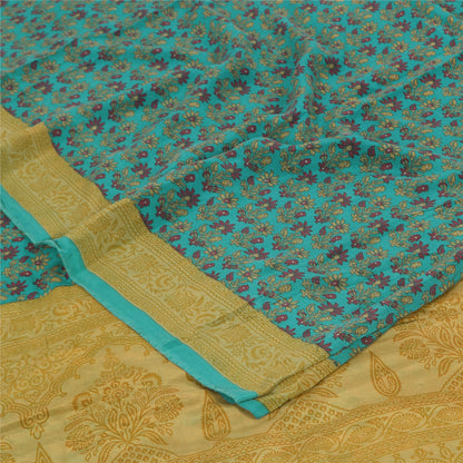 Sanskriti Vintage Sarees Blue/Green Pure Crepe Silk Print Sari 5yd Craft Fabric