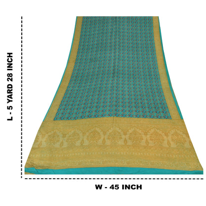 Sanskriti Vintage Sarees Blue/Green Pure Crepe Silk Print Sari 5yd Craft Fabric