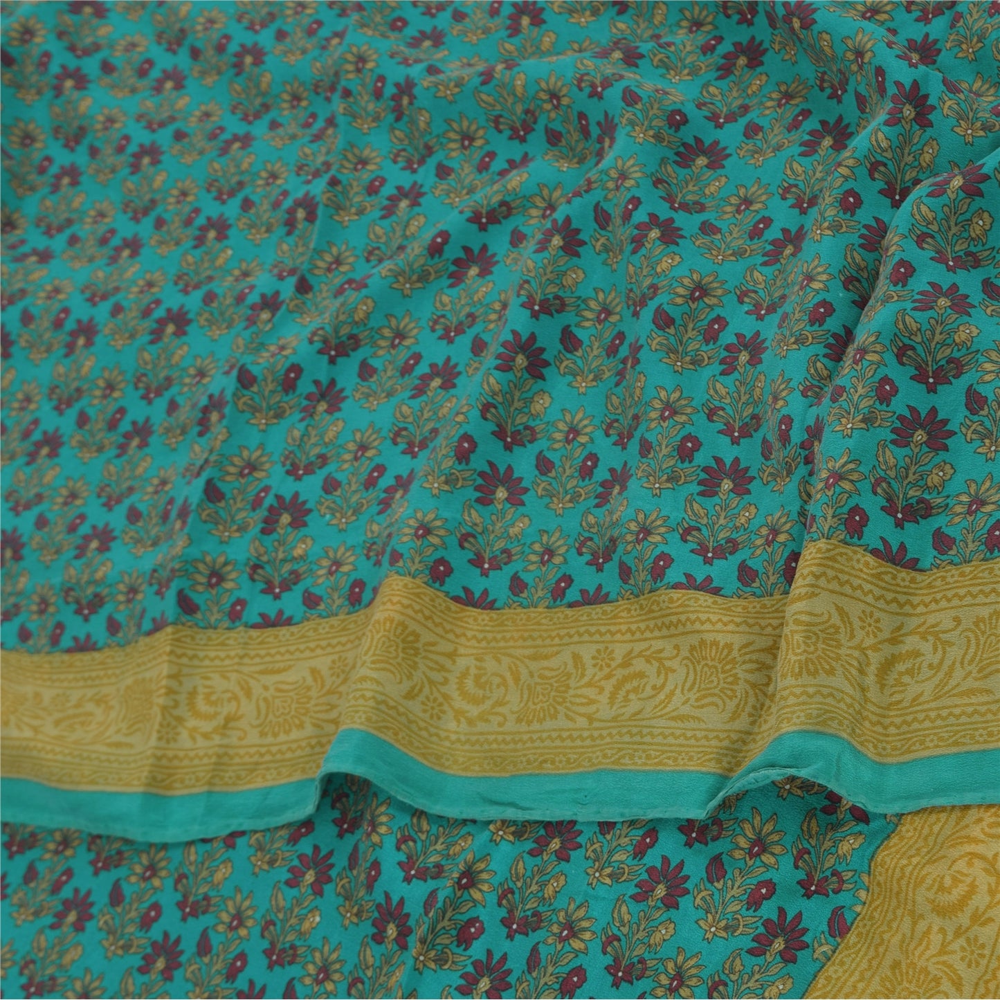 Sanskriti Vintage Sarees Blue/Green Pure Crepe Silk Print Sari 5yd Craft Fabric