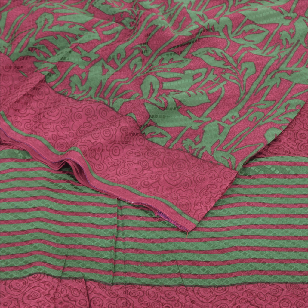 Sanskriti Vintage Sarees Red/Green Pure Crepe Silk Print Sari 5+yd Craft Fabric