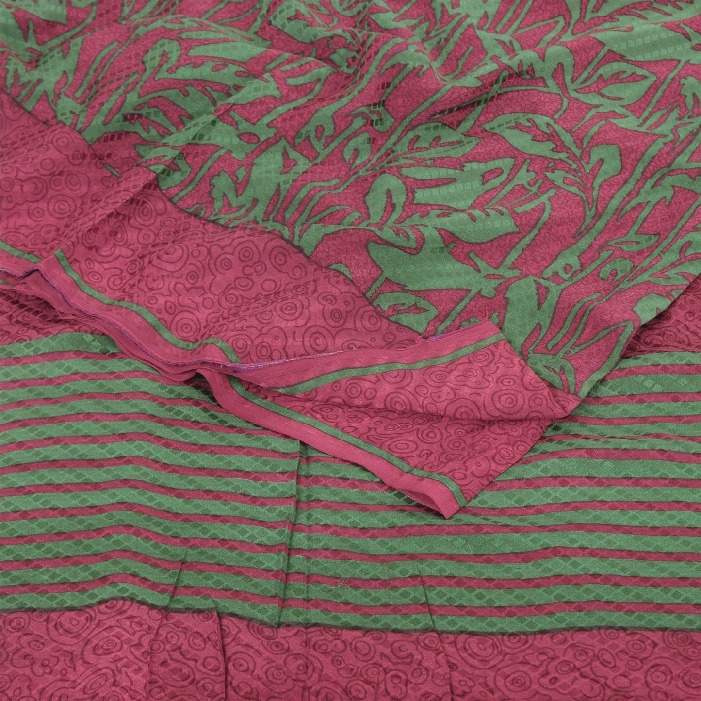 Sanskriti Vintage Sarees Red/Green Pure Crepe Silk Print Sari 5+yd Craft Fabric