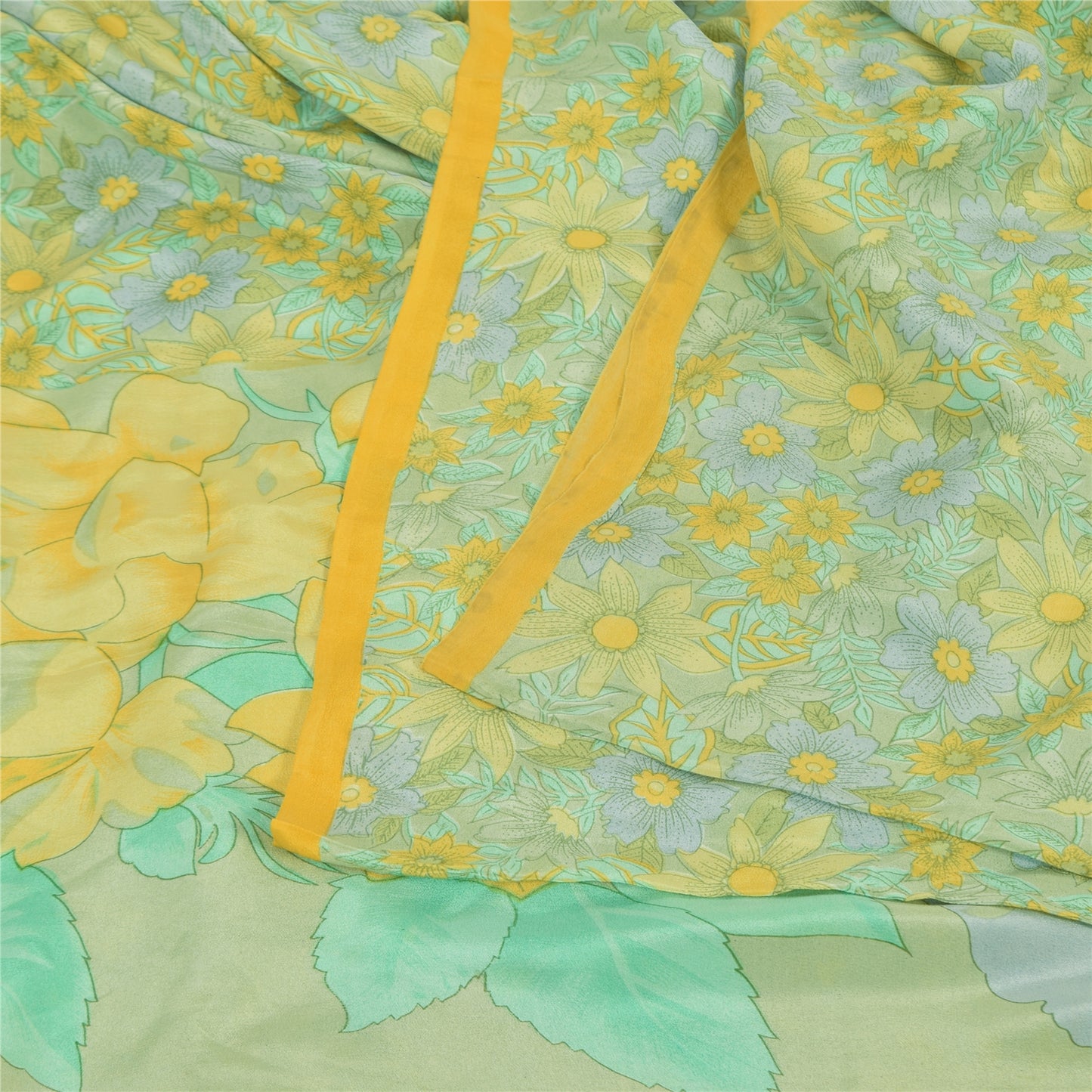 Sanskriti Vintage Sarees Lemon Green Pure Crepe Printed Sari 6+yd Craft Fabric