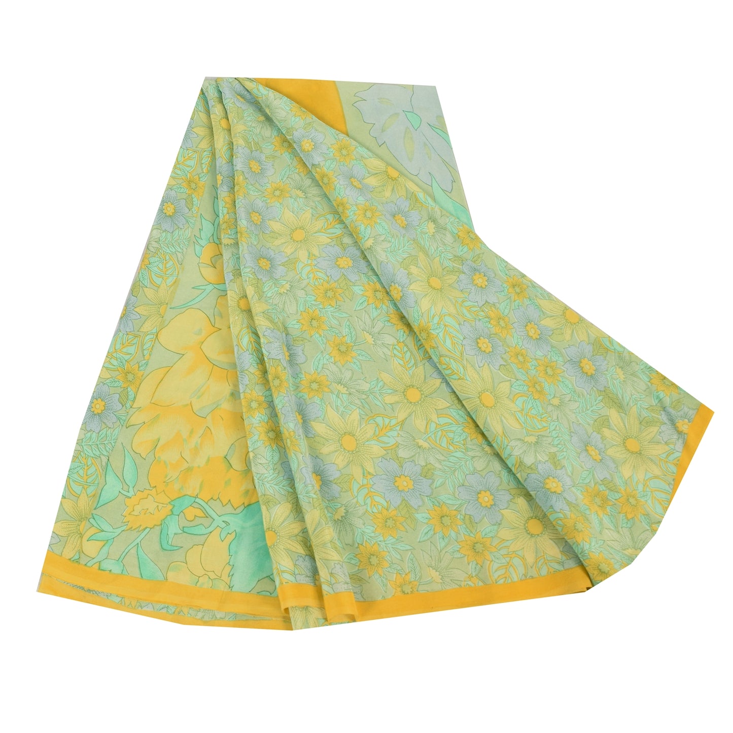 Sanskriti Vintage Sarees Lemon Green Pure Crepe Printed Sari 6+yd Craft Fabric