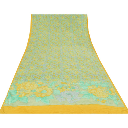 Sanskriti Vintage Sarees Lemon Green Pure Crepe Printed Sari 6+yd Craft Fabric