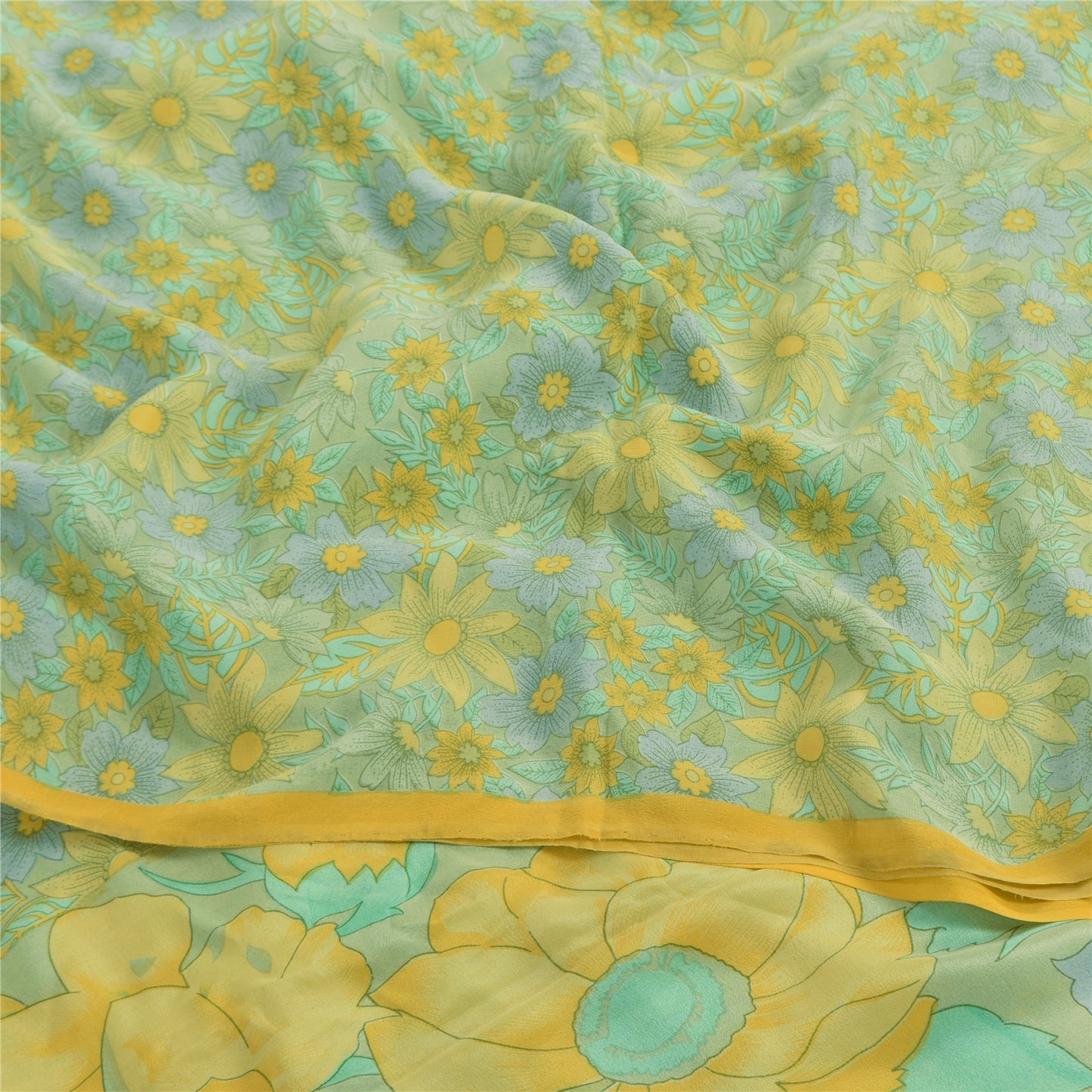 Sanskriti Vintage Sarees Lemon Green Pure Crepe Printed Sari 6+yd Craft Fabric