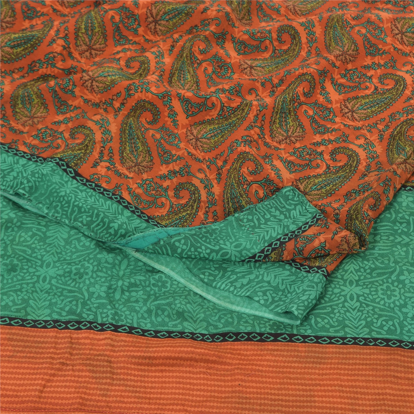 Sanskriti Vintage Sarees Orange/Green Pure Crepe Silk Printed Sari Craft Fabric