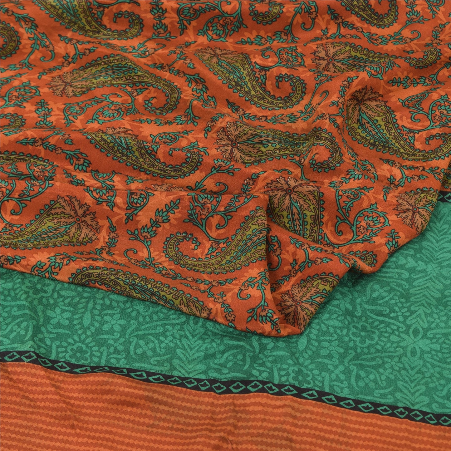 Sanskriti Vintage Sarees Orange/Green Pure Crepe Silk Printed Sari Craft Fabric