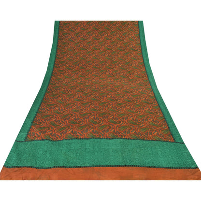 Sanskriti Vintage Sarees Orange/Green Pure Crepe Silk Printed Sari Craft Fabric