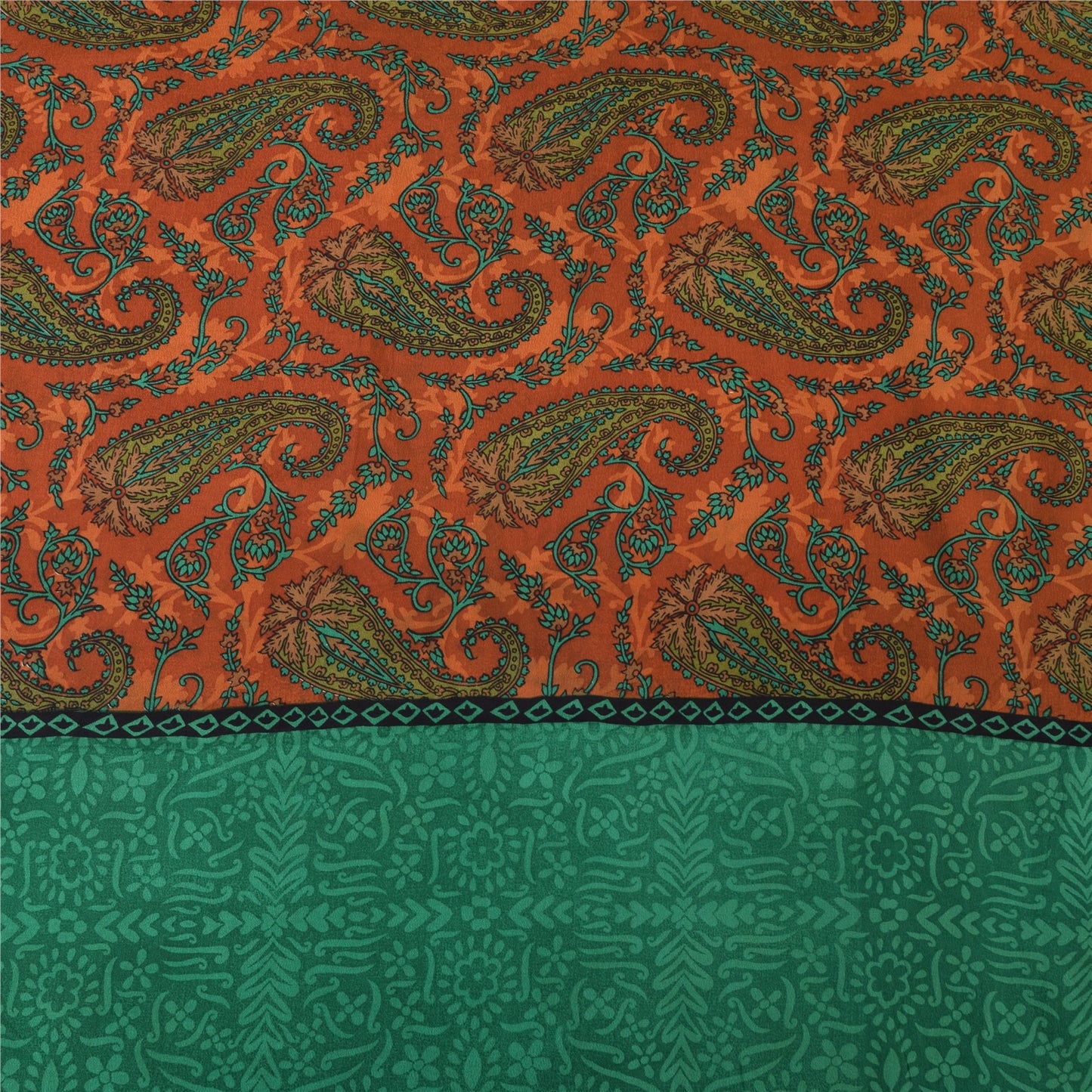 Sanskriti Vintage Sarees Orange/Green Pure Crepe Silk Printed Sari Craft Fabric