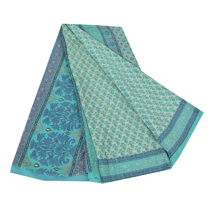 Sanskriti Vintage Sarees Blue 100% Pure Crepe Silk Printed Sari 5yd Craft Fabric