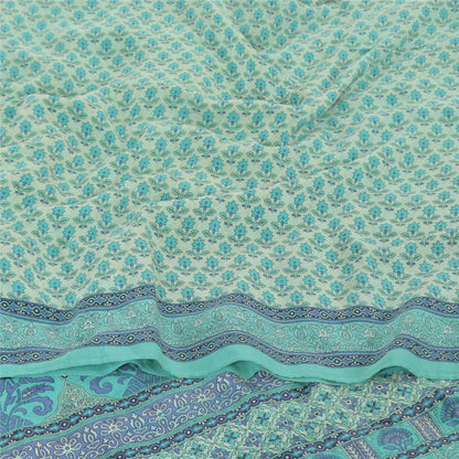 Sanskriti Vintage Sarees Blue 100% Pure Crepe Silk Printed Sari 5yd Craft Fabric