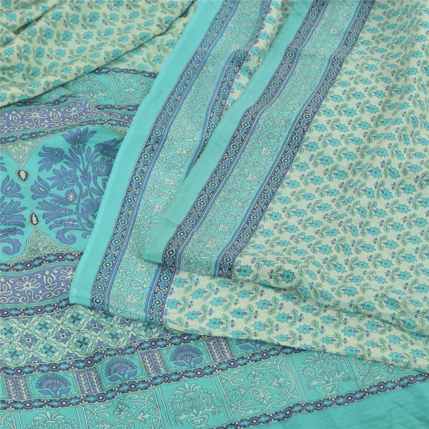 Sanskriti Vintage Sarees Blue 100% Pure Crepe Silk Printed Sari 5yd Craft Fabric