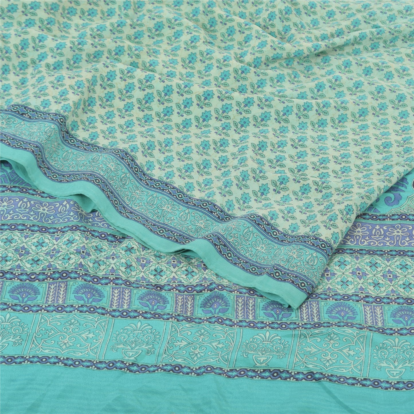 Sanskriti Vintage Sarees Blue 100% Pure Crepe Silk Printed Sari 5yd Craft Fabric