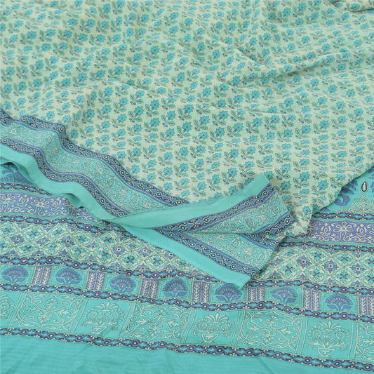 Sanskriti Vintage Sarees Blue 100% Pure Crepe Silk Printed Sari 5yd Craft Fabric