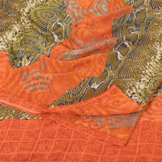 Sanskriti Vintage Sarees Orange/Green Pure Crepe Silk Printed Sari 6yd Fabric