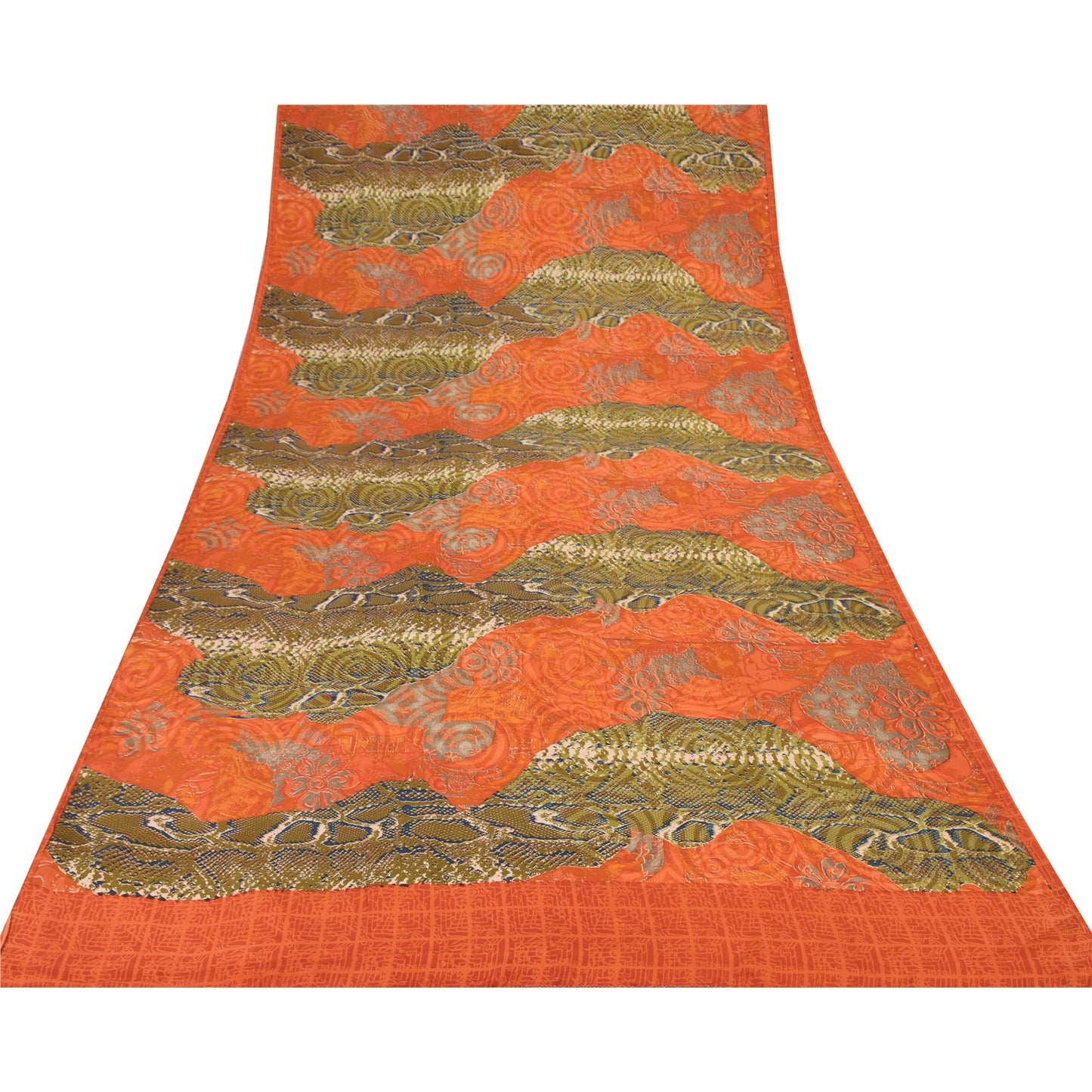 Sanskriti Vintage Sarees Orange/Green Pure Crepe Silk Printed Sari 6yd Fabric