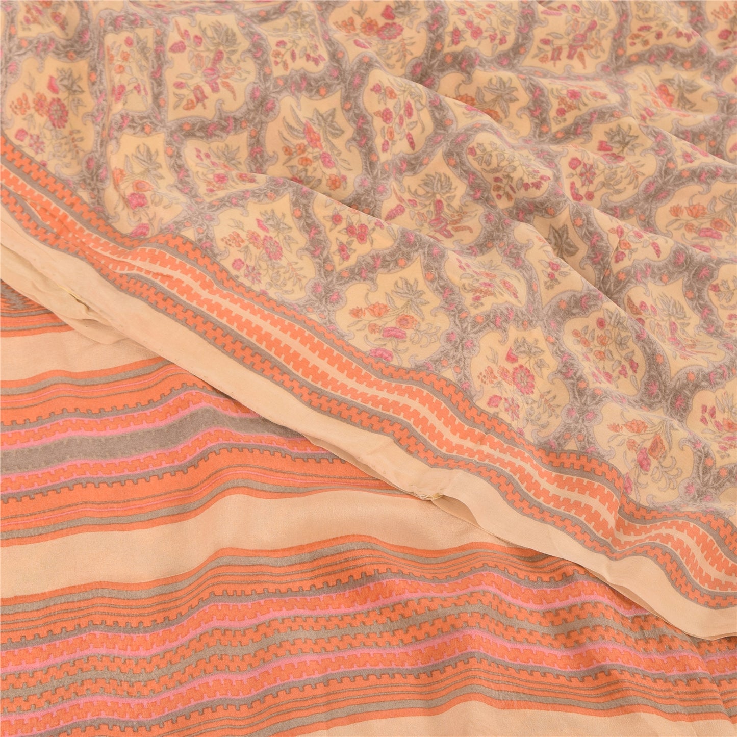 Sanskriti Vintage Sarees Peach/Gray Pure Crepe Silk Print Sari 5yd Craft Fabric