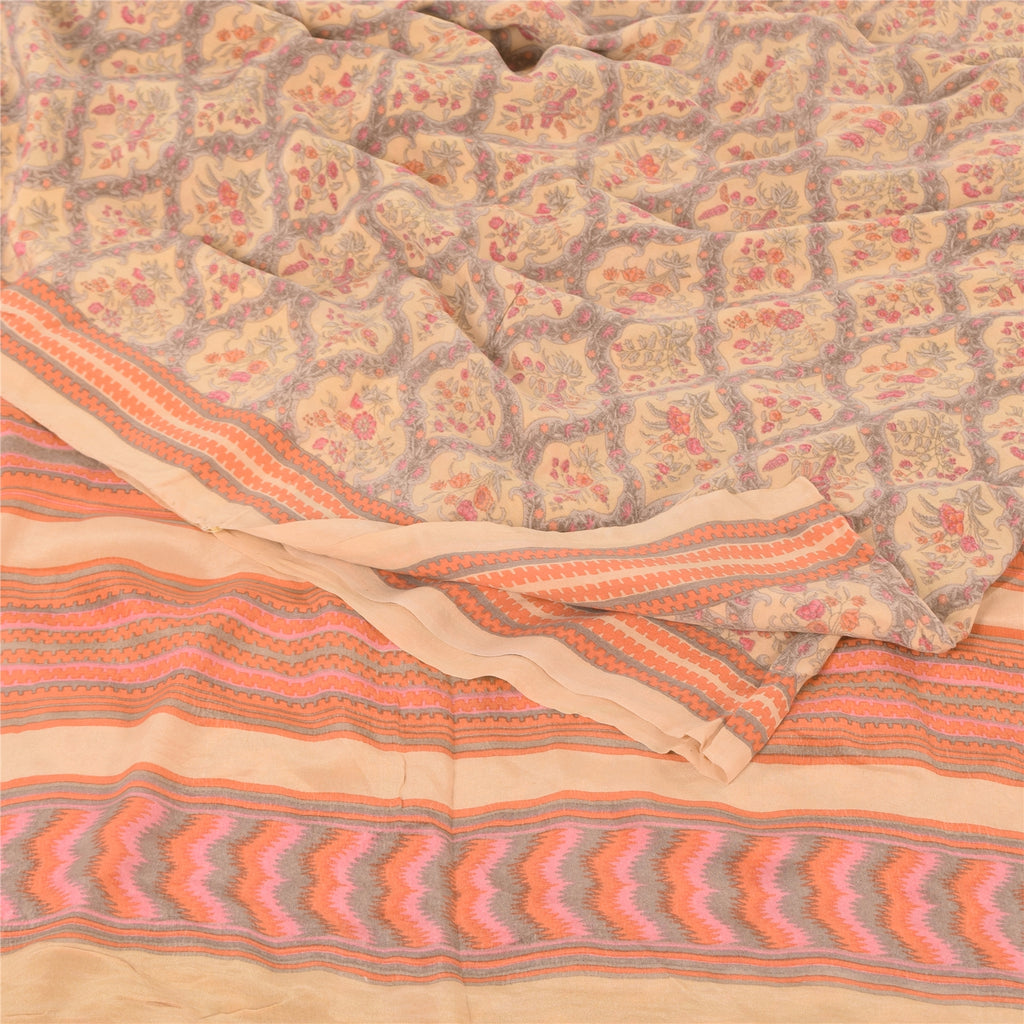 Sanskriti Vintage Sarees Peach/Gray Pure Crepe Silk Print Sari 5yd Craft Fabric