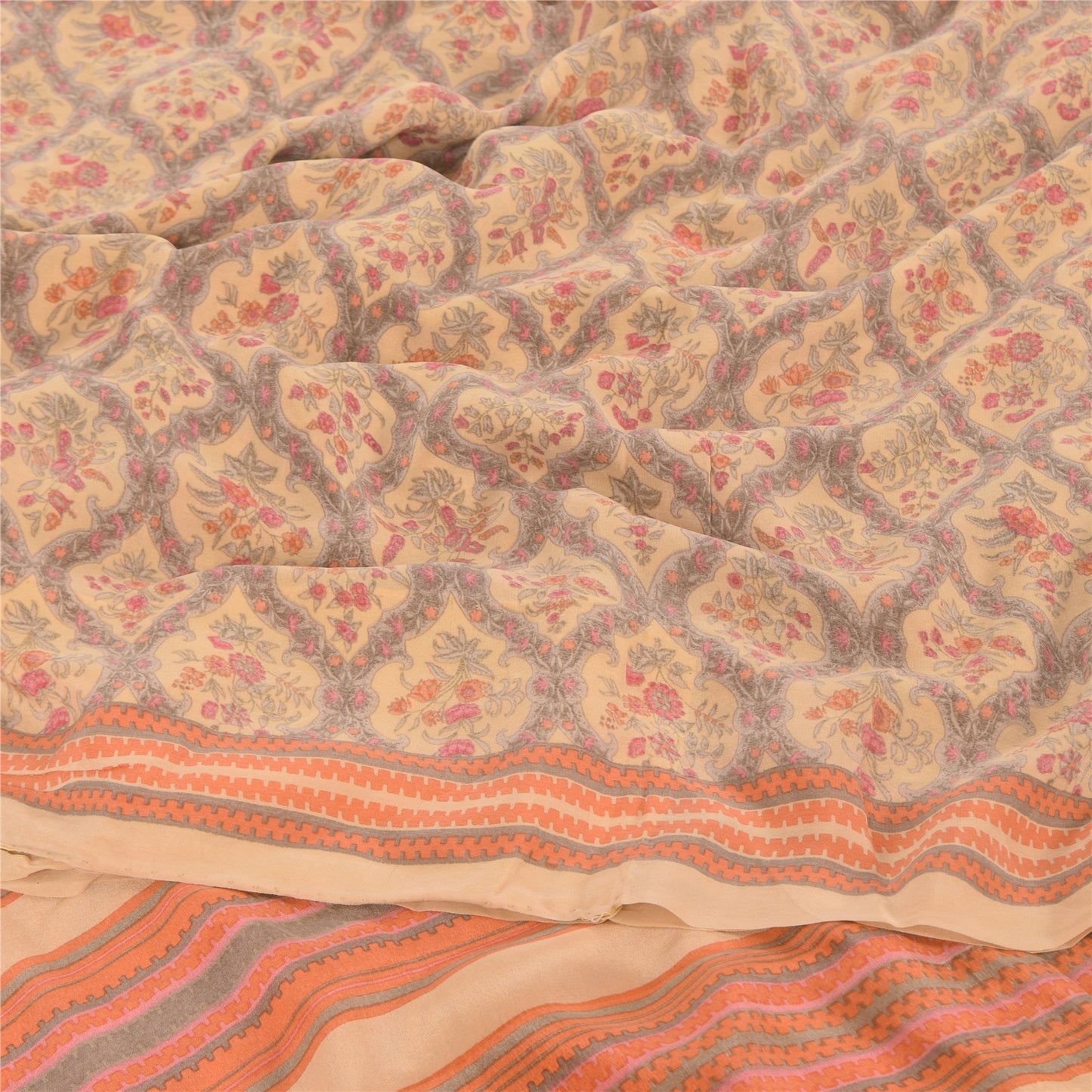 Sanskriti Vintage Sarees Peach/Gray Pure Crepe Silk Print Sari 5yd Craft Fabric