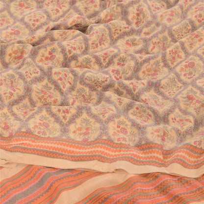 Sanskriti Vintage Sarees Peach/Gray Pure Crepe Silk Print Sari 5yd Craft Fabric