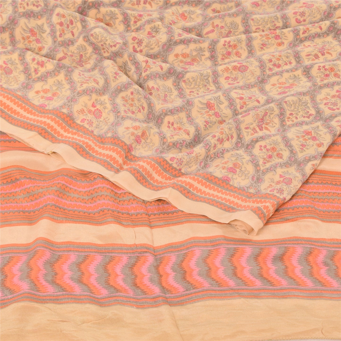 Sanskriti Vintage Sarees Peach/Gray Pure Crepe Silk Print Sari 5yd Craft Fabric