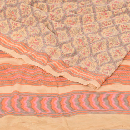 Sanskriti Vintage Sarees Peach/Gray Pure Crepe Silk Print Sari 5yd Craft Fabric