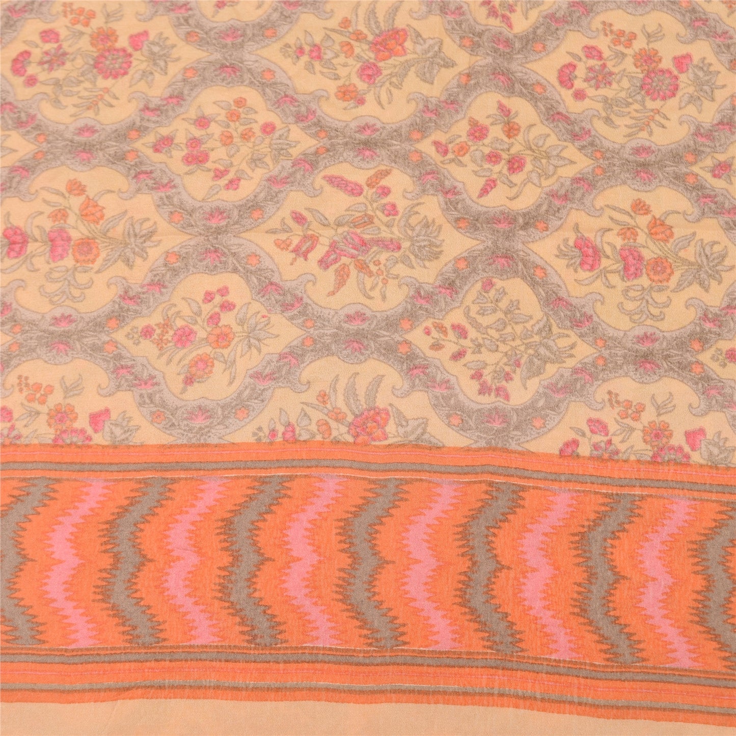 Sanskriti Vintage Sarees Peach/Gray Pure Crepe Silk Print Sari 5yd Craft Fabric