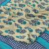 Sanskriti Vintage Sarees Ivory/Blue Pure Crepe Silk Print Sari 5+yd Craft Fabric