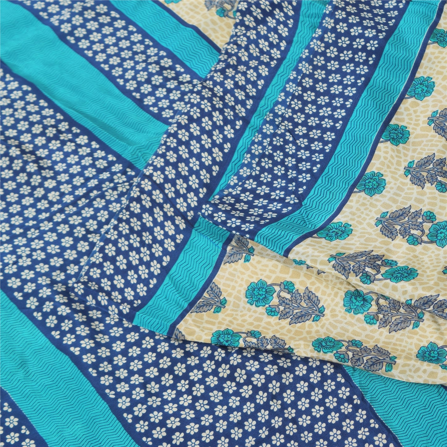 Sanskriti Vintage Sarees Ivory/Blue Pure Crepe Silk Print Sari 5+yd Craft Fabric