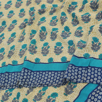 Sanskriti Vintage Sarees Ivory/Blue Pure Crepe Silk Print Sari 5+yd Craft Fabric