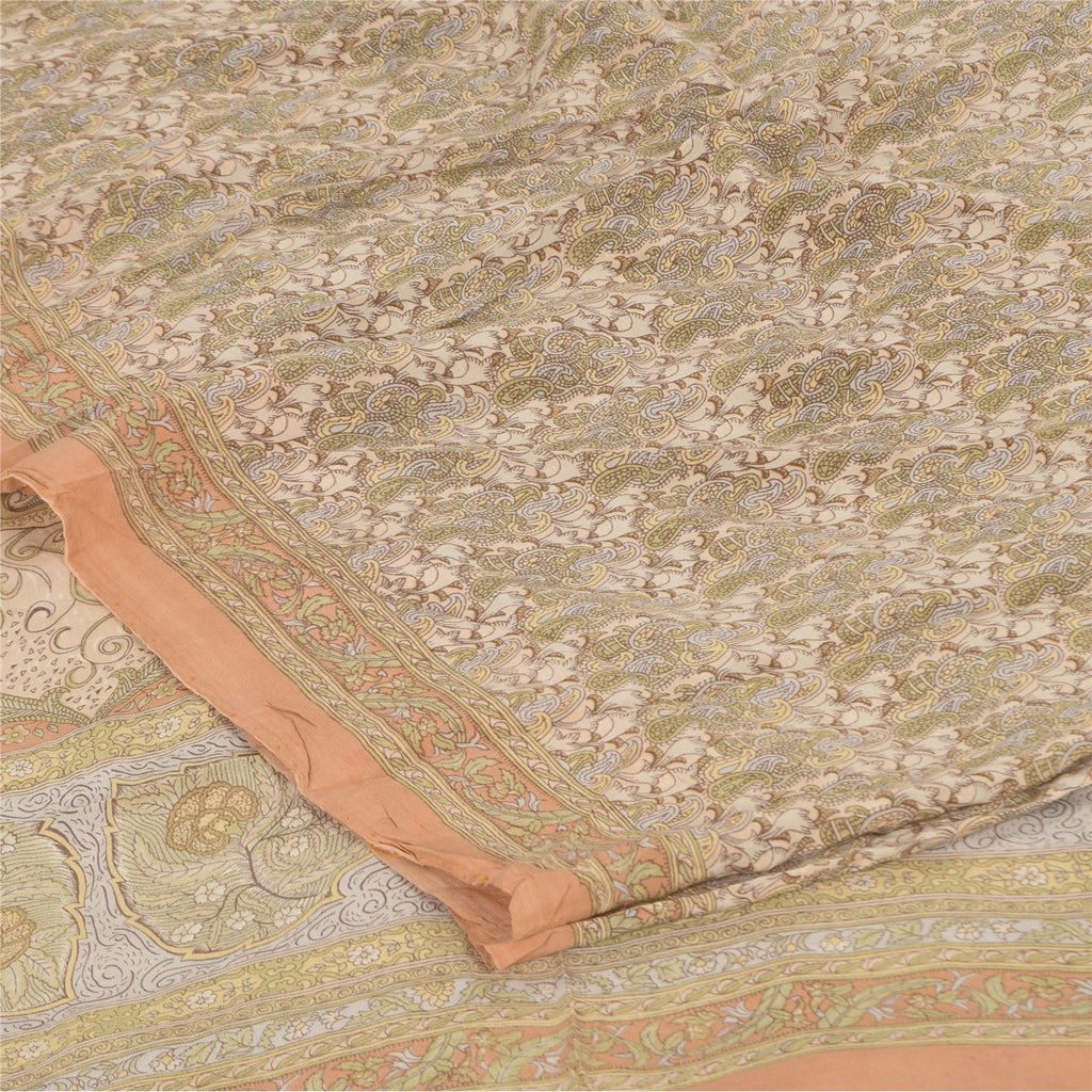 Sanskriti Vintage Sarees Ivory Pure Crepe Silk Printed Sari 6+yd Craft Fabric